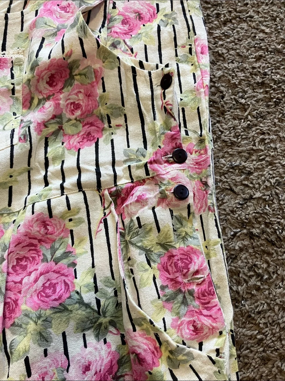 April Cornell Cream Striped overalls Pink Floral Print
